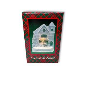 Celebrate The Season Frosted Glass Christmas House Tealight Candle Holder 90s